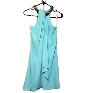Calvin Klein dress with beaded halter neckline, turguis blue color.
